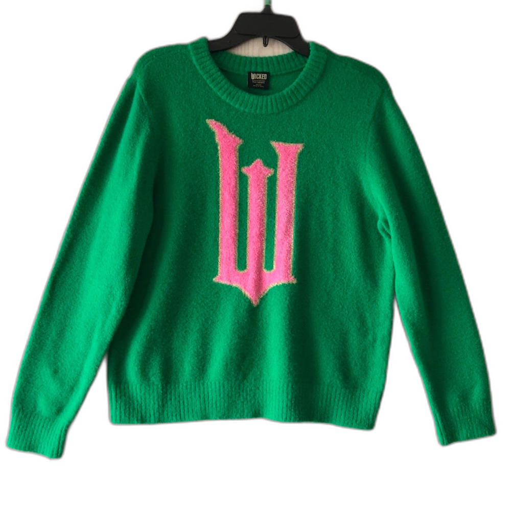 Wicked Women’s Green Crewneck Sweater Pink “W” Logo Small Broadway Collection